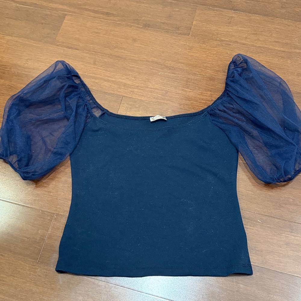 Free People Midnight Blue Knit Top with Sheer Sleeves